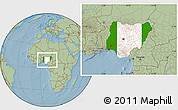 Flag Location Map of Nigeria, savanna style outside, hill shading outside