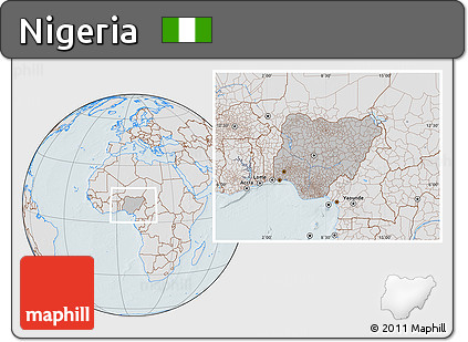 Gray Location Map of Nigeria, lighten, hill shading