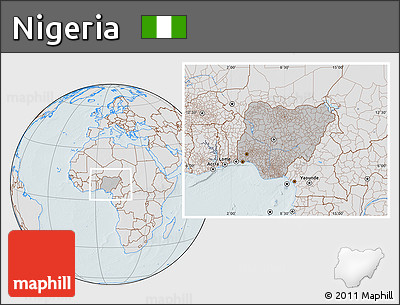 Gray Location Map of Nigeria, lighten, hill shading