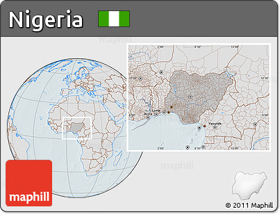 Gray Location Map of Nigeria, lighten, hill shading
