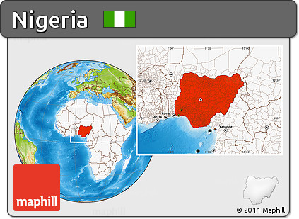 Physical Location Map of Nigeria, highlighted continent