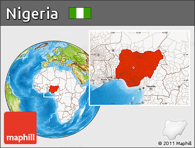 Physical Location Map of Nigeria, highlighted continent