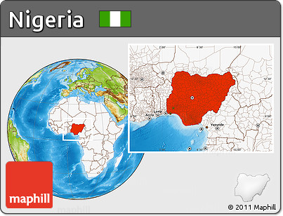 Physical Location Map of Nigeria, highlighted continent