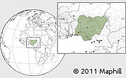 Savanna Style Location Map of Nigeria, blank outside, hill shading inside