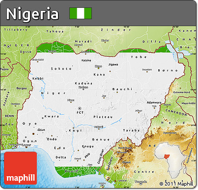 Flag Map of Nigeria, physical outside, bathymetry sea, flag aligned to the middle