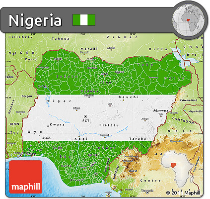 Flag Map of Nigeria, physical outside, bathymetry sea, flag rotated