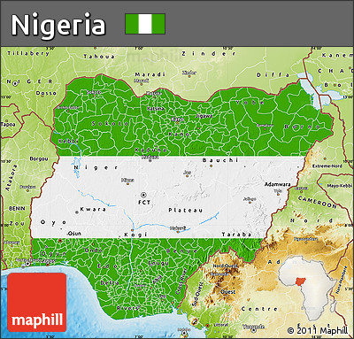 Flag Map of Nigeria, physical outside, bathymetry sea, flag rotated