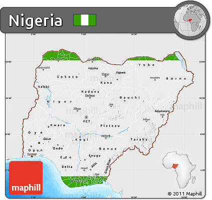 Flag Map of Nigeria, single color outside, bathymetry sea, flag aligned to the middle