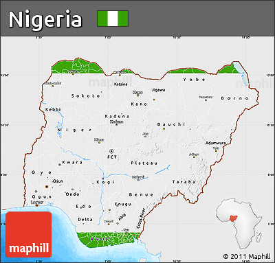 Flag Map of Nigeria, single color outside, bathymetry sea, flag aligned to the middle