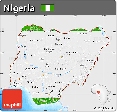 Flag Map of Nigeria, single color outside, bathymetry sea, flag aligned to the middle