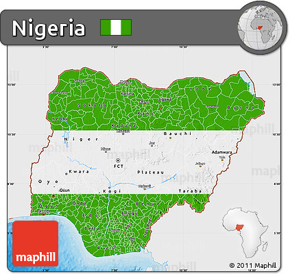 Flag Map of Nigeria, single color outside, bathymetry sea, shaded relief sea, flag rotated