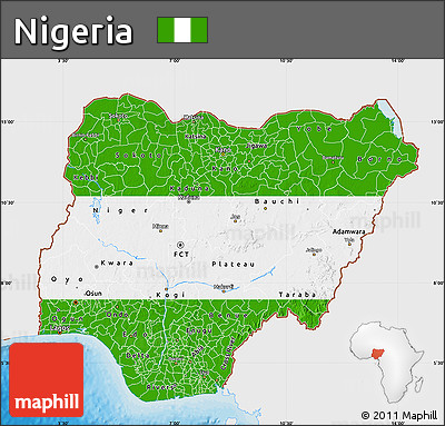 Flag Map of Nigeria, single color outside, bathymetry sea, shaded relief sea, flag rotated