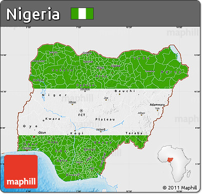 Flag Map of Nigeria, single color outside, bathymetry sea, shaded relief sea, flag rotated