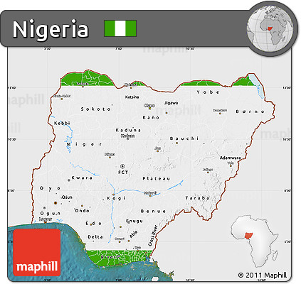 Flag Map of Nigeria, single color outside, satellite sea, flag aligned to the middle