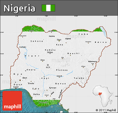 Flag Map of Nigeria, single color outside, satellite sea, flag aligned to the middle