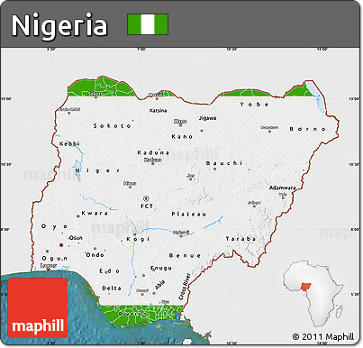 Flag Map of Nigeria, single color outside, satellite sea, flag aligned to the middle