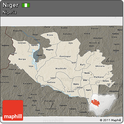 Shaded Relief 3D Map of Niger, darken