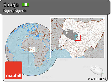 Gray Location Map of Suleja, highlighted country, highlighted parent region, hill shading