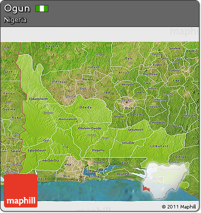 Physical 3D Map of Ogun, satellite outside