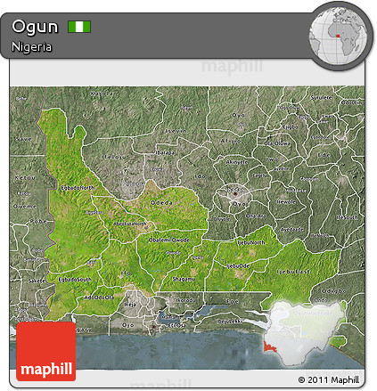 Satellite 3D Map of Ogun, semi-desaturated