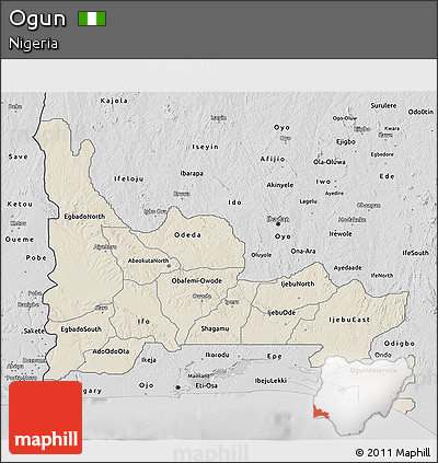 Shaded Relief 3D Map of Ogun, desaturated