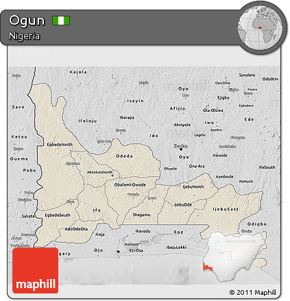 Shaded Relief 3D Map of Ogun, desaturated