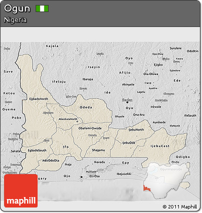 Shaded Relief 3D Map of Ogun, desaturated