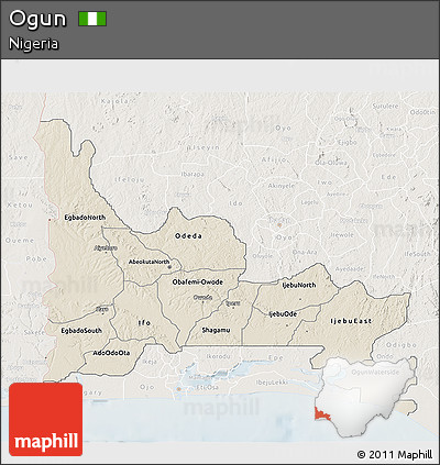 Shaded Relief 3D Map of Ogun, lighten