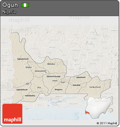 Shaded Relief 3D Map of Ogun, lighten