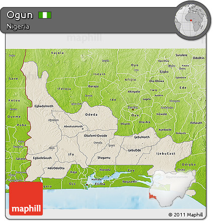 Shaded Relief 3D Map of Ogun, physical outside
