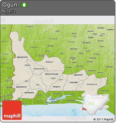 Shaded Relief 3D Map of Ogun, physical outside
