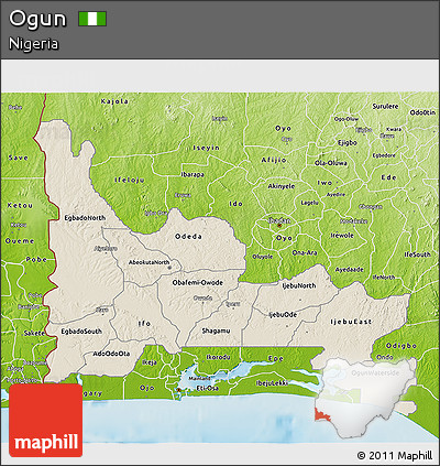Shaded Relief 3D Map of Ogun, physical outside