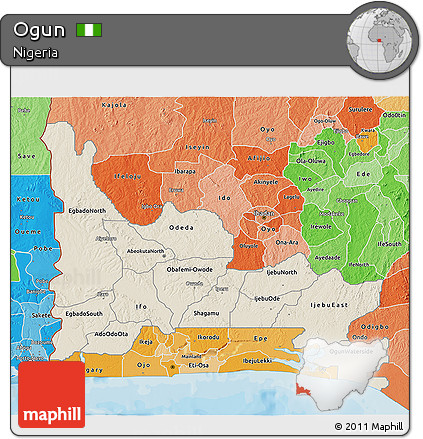 Shaded Relief 3D Map of Ogun, political shades outside