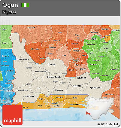 Shaded Relief 3D Map of Ogun, political shades outside