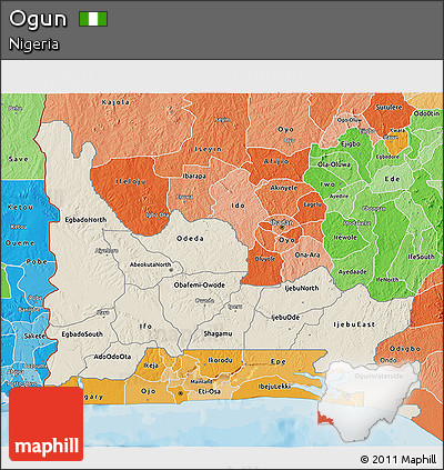 Shaded Relief 3D Map of Ogun, political shades outside