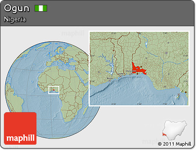 Savanna Style Location Map of Ogun, hill shading