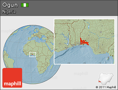 Savanna Style Location Map of Ogun, hill shading
