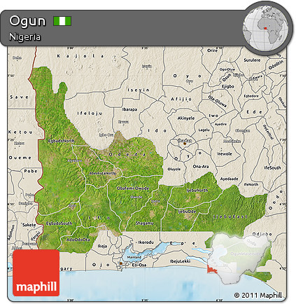 Satellite Map of Ogun, shaded relief outside