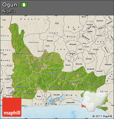 Satellite Map of Ogun, shaded relief outside