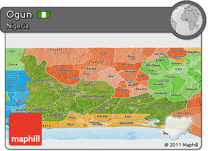 Satellite Panoramic Map of Ogun, political shades outside