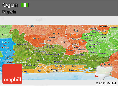 Satellite Panoramic Map of Ogun, political shades outside
