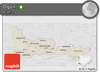 Shaded Relief Panoramic Map of Ogun, lighten, desaturated