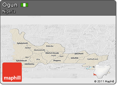 Shaded Relief Panoramic Map of Ogun, lighten, desaturated