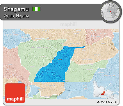 Political 3D Map of Shagamu, lighten