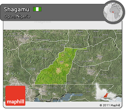 Satellite 3D Map of Shagamu, semi-desaturated