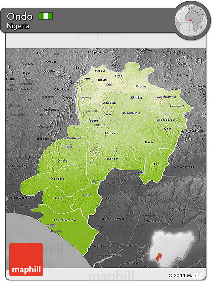 Physical 3D Map of Ondo, darken, desaturated