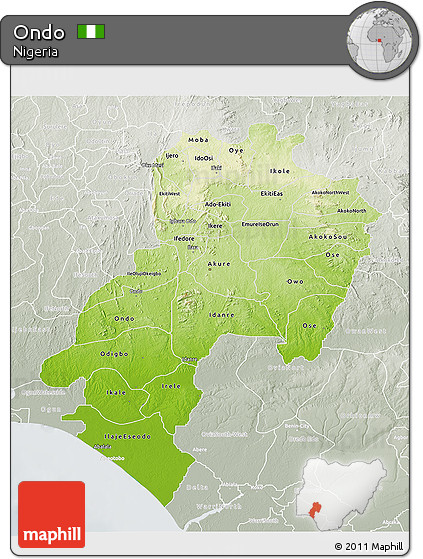 Physical 3D Map of Ondo, lighten, semi-desaturated