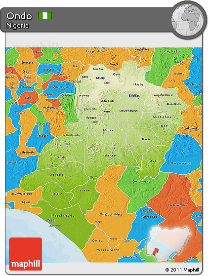 Physical 3D Map of Ondo, political outside