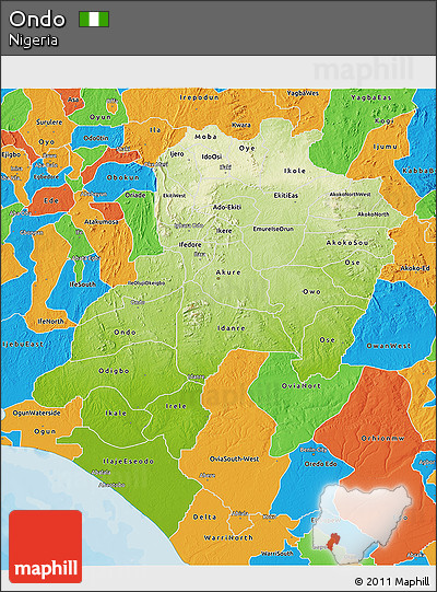 Physical 3D Map of Ondo, political outside