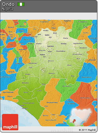 Physical 3D Map of Ondo, political outside